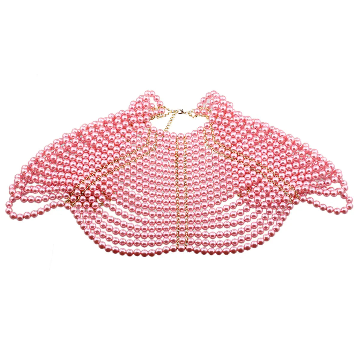 Un collier de mode en chaîne corporelle de perles roses délicat, avec un fermoir ton sur or et un design de petit mantelet superposé et fluide.