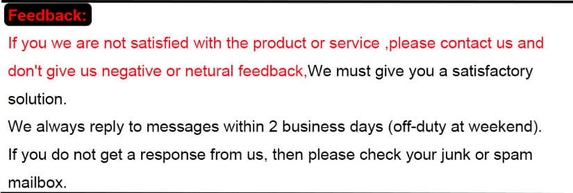 Red and black text on white background displaying customer service feedback instructions for the chrome inner primary accent cover Harley Touring 17-22.