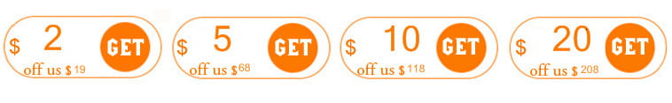 orange circular discount tags with white text indicating dollar amounts and get offers for a black and white crystal statement flower ring
