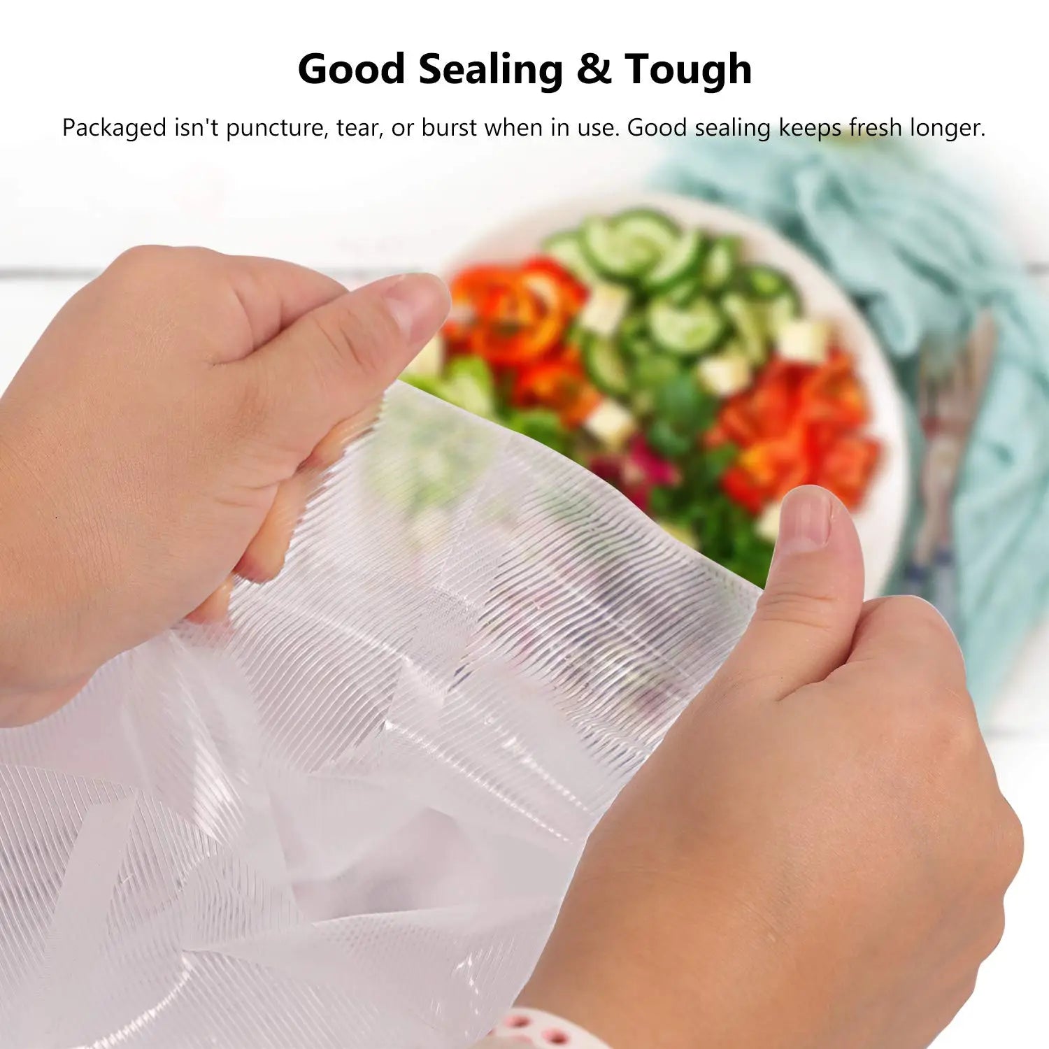 Transparent, ribbed vacuum sealer food storage bag made of clear plastic with a secure seal for airtight food preservation.