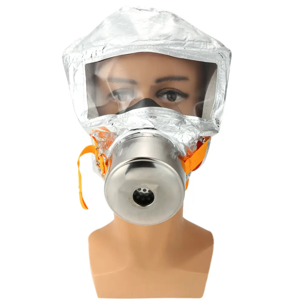 Silver metallic fire escape mask 30 minute protective respirator with clear face shield and orange straps.