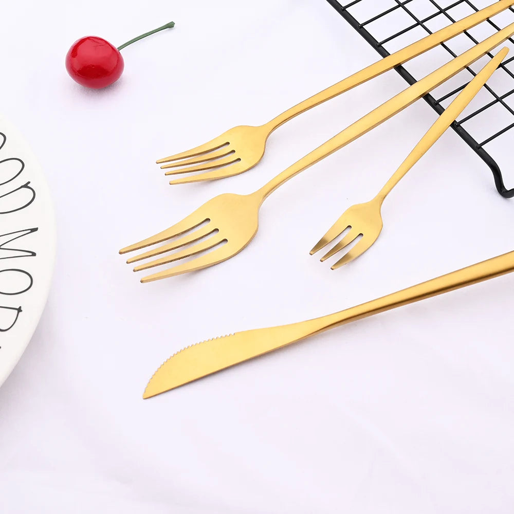 Matte Gold Tableware Stainless Steel Cutlery Set Kitchen Flatware Dinner Fork Spoon Knife Cake Fork Ice Spoon Dinnerware Set