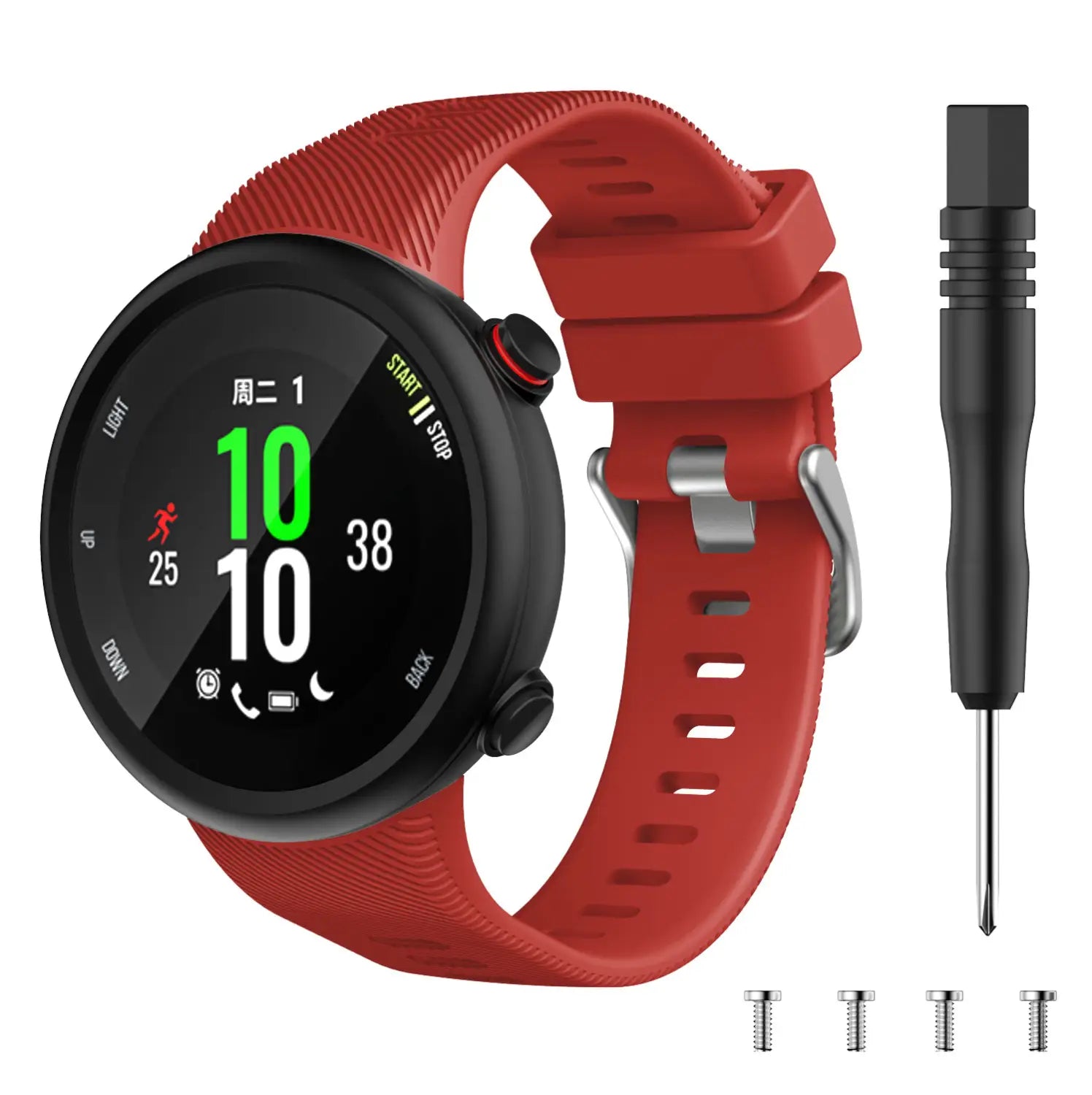 Correa de silicona roja para Garmin Forerunner 45 y Garmin Swim con hebilla plateada y tornillos a juego, mostrada junto a un destornillador negro para uso de reemplazo de alta calidad.