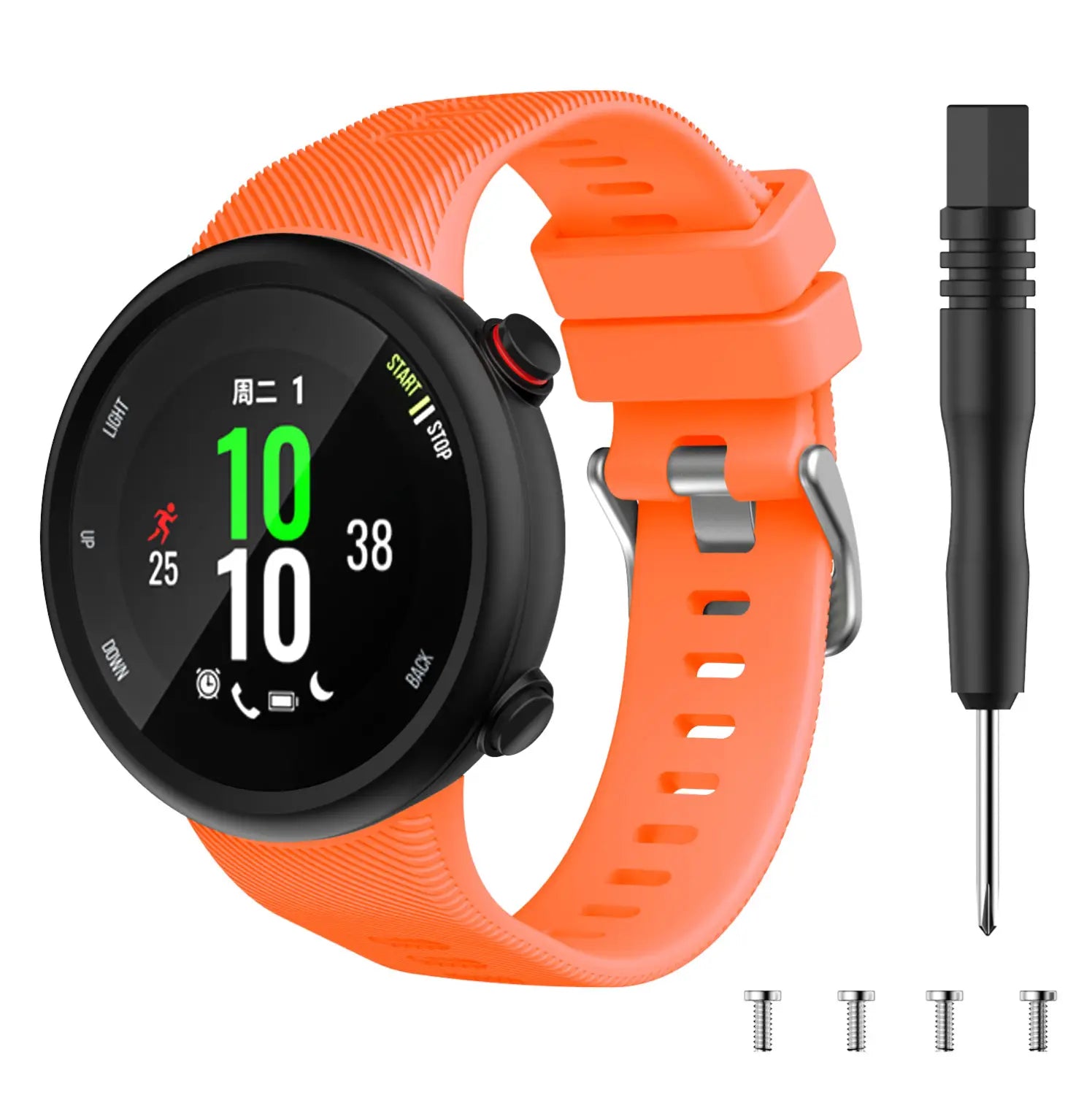 Correa de silicona naranja para Garmin Forerunner y Garmin Swim, con pantalla digital negra y hebilla plateada, accesorio de alta calidad