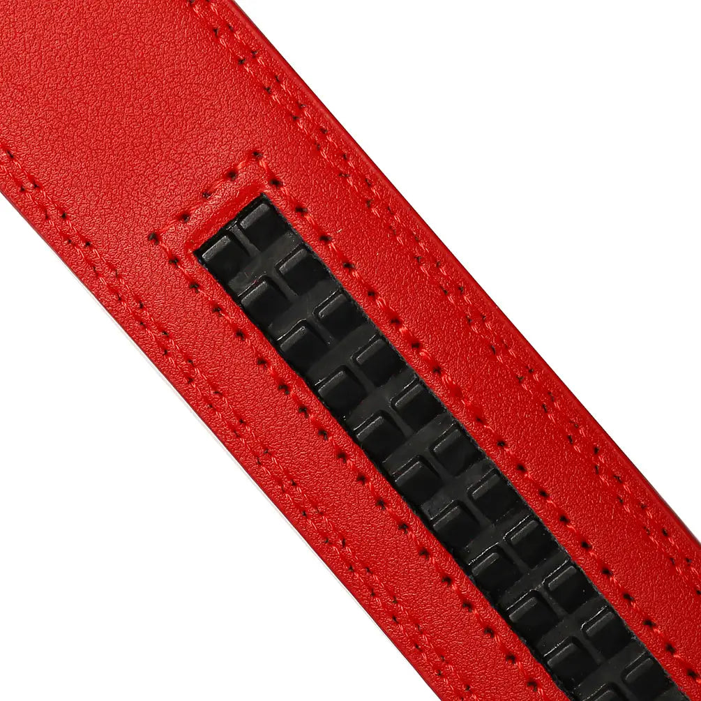 Sangle de ceinture en cuir véritable pour homme de 3,1 cm en rouge, avec tirette de fermeture éclair noire texturée.