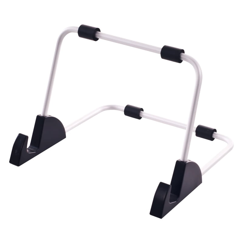 black and white foldable adjustable aluminum tablet holder stand with plastic arms and rubberized grips universal stand for versatile device support