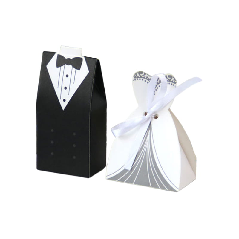 Black and white paper wedding favor candy boxes shaped like a tuxedo and bridal gown for bride and groom themed events 30 pcs.