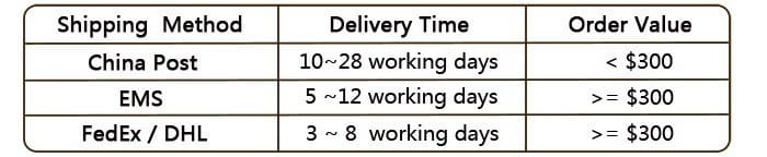 The image displays a table outlining shipping options delivery times and minimum order values for sterling silver zircon flower hoop earrings.
