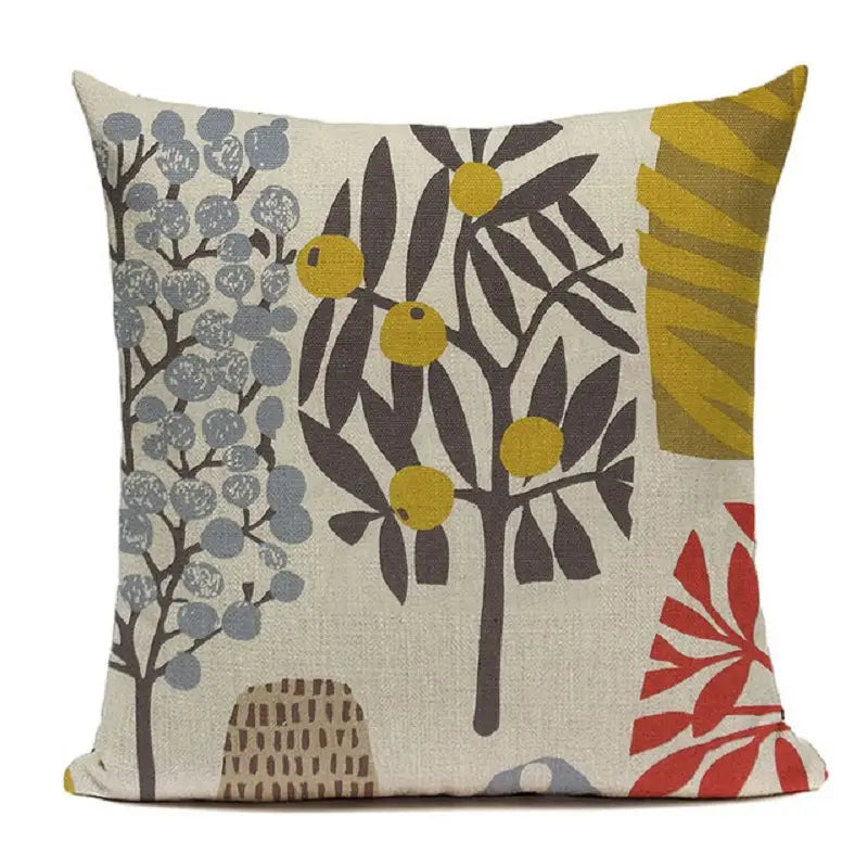 beige linen cushion cover 45x45cm with stylized botanical print featuring gray dark brown yellow and red foliage patterns for sofa use