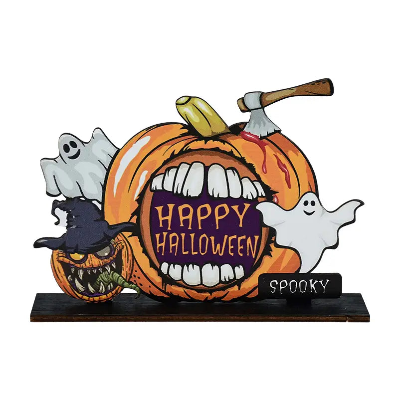 Halloween-Holz-Hänge-Schild Kürbis-Türdekoration: Es zeigt einen orangefarbenen, geschnitzten Kürbis mit weißen Zähnen sowie ein violettes Schild „Happy Halloween“ im Inneren, gekrönt mit einer Axt und flankiert von Geisterfiguren.