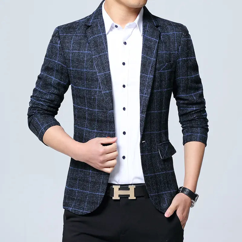 Veste de costume d’affaires en motif écossais pour homme, coupe slim, bleu foncé et gris, avec un tissage texturé subtil.