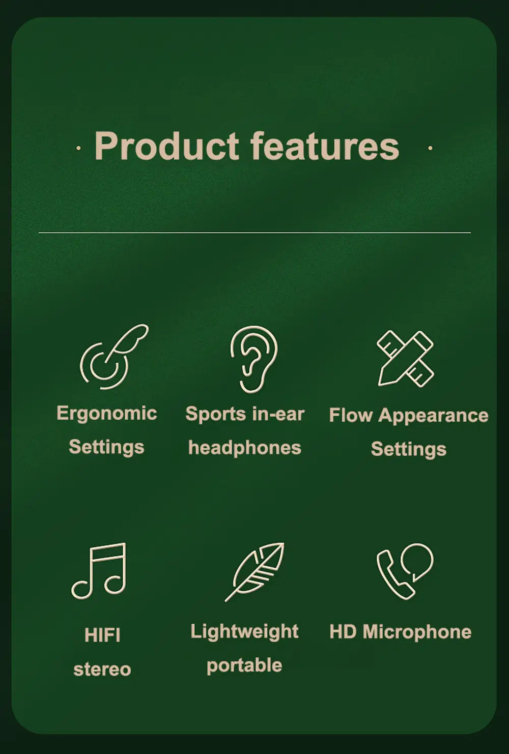 Fond vert avec texte et icônes blancs mettant en avant les caractéristiques des écouteurs filaires : casque d’écoute à micro stéréo intra-auriculaire de couleur vert émeraude.