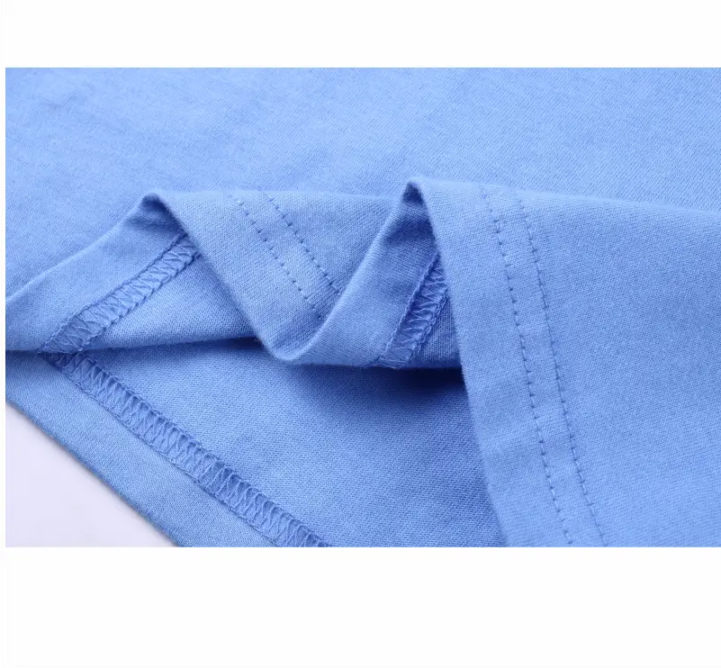 Light blue cotton t shirt collar with neat double stitched hem for shirt men customized with personalized design size chart.