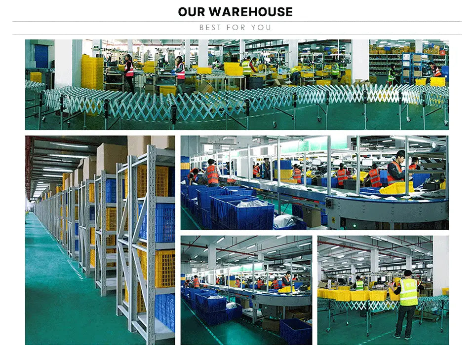 The image shows a gym equipment organizer trolley with wheels in a warehouse setting where workers in orange vests handle assembly lines near metal shelving units with blue plastic crates.