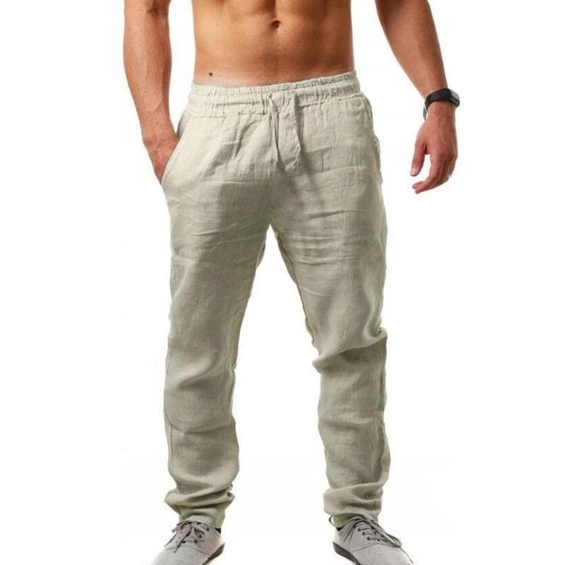 Light beige men cotton linen casual trousers with elastic waistband and drawstring joggers style.