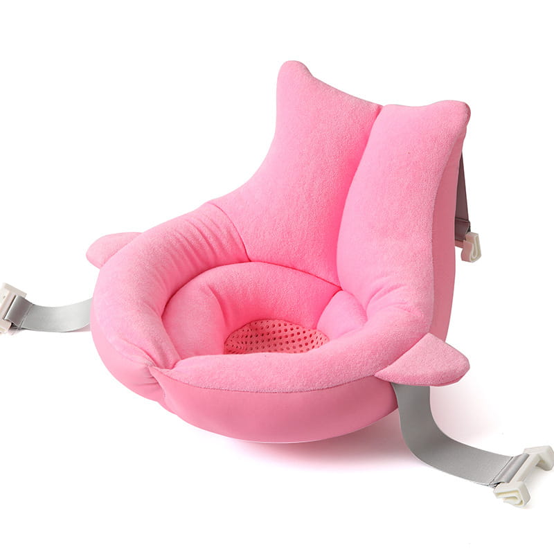 pink plush baby bath seat with soft cushioned design and adjustable gray straps for use as a foldable newborn bath mat and cushion