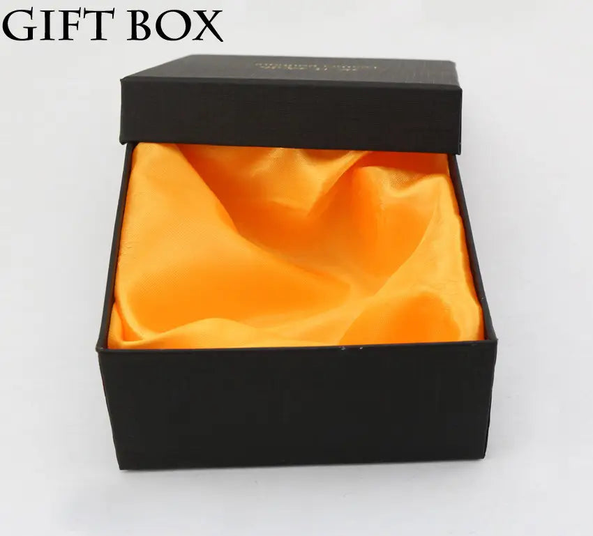 black gift box with vibrant orange satin lining for men’s leather ratchet belt with eagle buckle