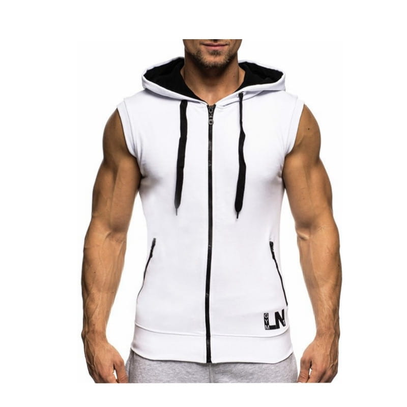 Men sleeveless zip hoodie gym tank top in white with black inner lining and drawstrings designed for activewear.