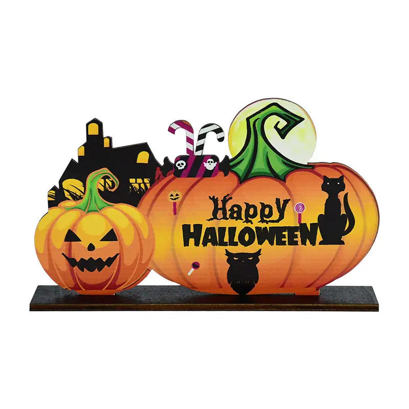 Orangefarbenes Halloween-Holz-Hänge-Schild mit geschnitzten Kürbissen, Spukhaus, Süßigkeitenrohren und schwarzen Silhouetten von Katzen und einer Eule zur Türdekoration.