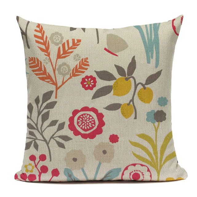 Beige linen cushion cover 45x45cm with a vibrant stylized botanical print featuring orange leaves red flowers yellow lemons and teal accents for sofa use.