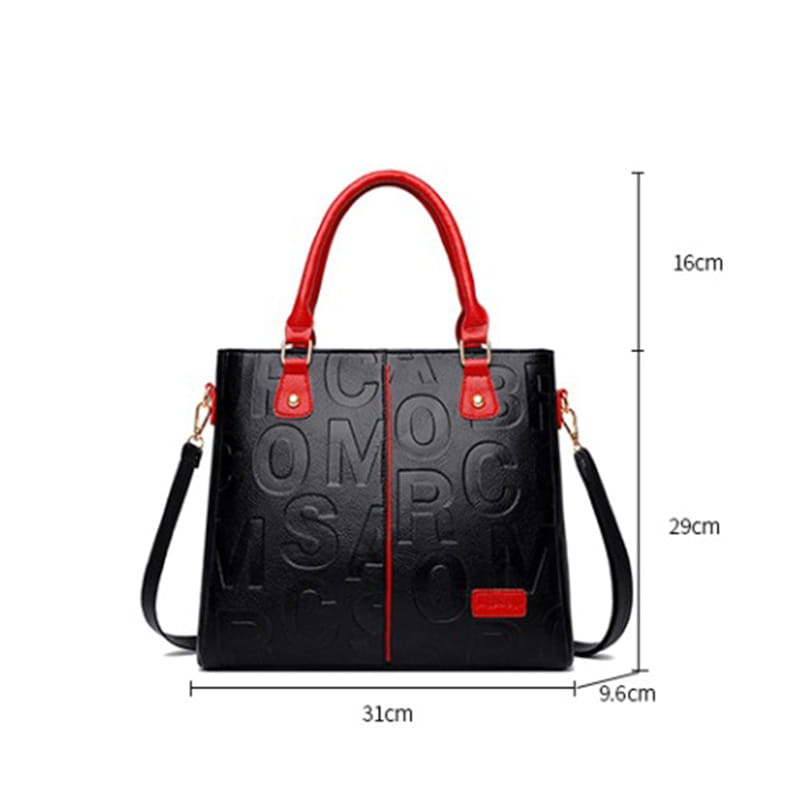 Black crossbody handbag style1 style2 crafted from pu leather with red handles and a matching shoulder strap featuring embossed lettering on the front.