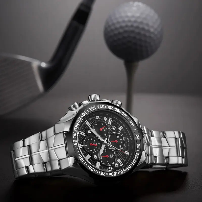 silver-toned chronograph watch with black dial red accents and metallic stainless steel link bracelet for men luxury timepiece