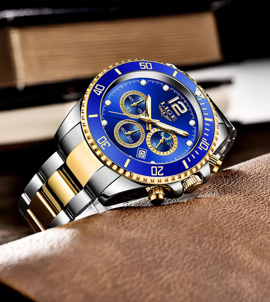 Montre chronographe bicolore or vert Lige avec un cadran bleu et un bracelet en acier inoxydable et or.