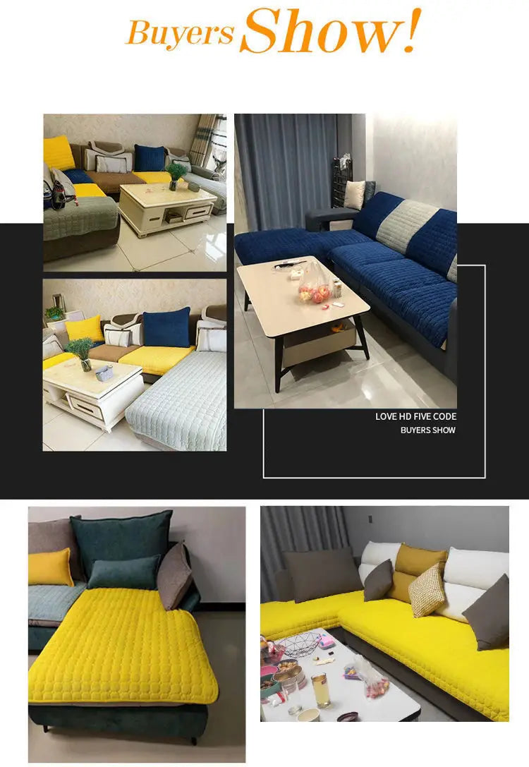 Housse de canapé d’angle antidérapante en velours côtelé matelassé bleu avec coussins d’accent rayés assortis.