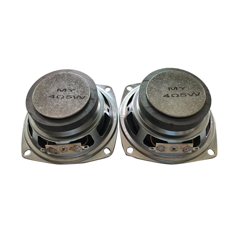 A pair of silver-colored 3 inch 5w full range speaker driver units with matte finish and black rubber surrounds.