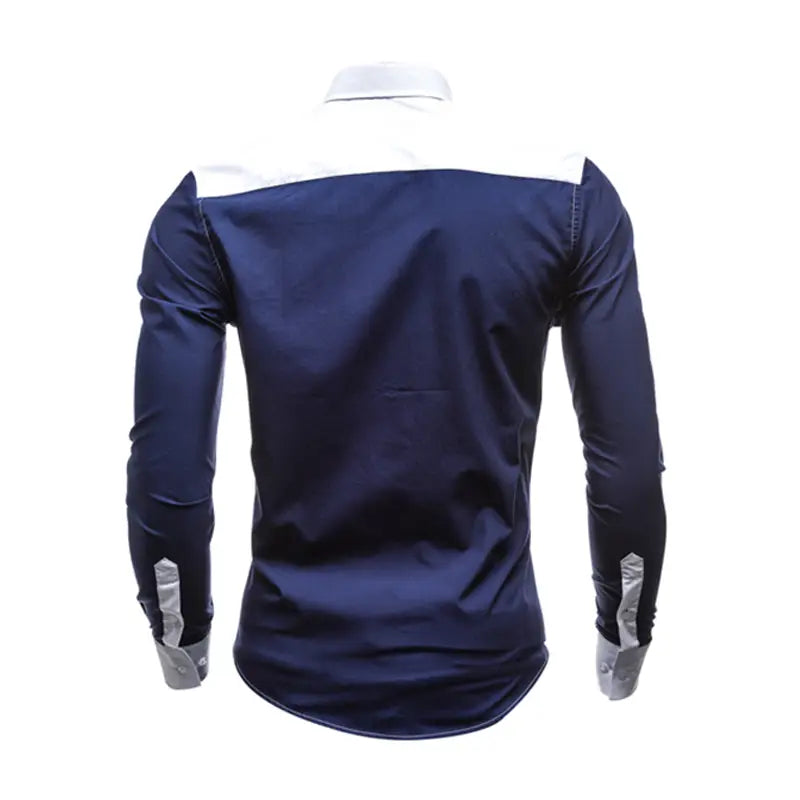Navy blue slim fit long sleeve casual shirt with white collar and silver cuff accents for men.