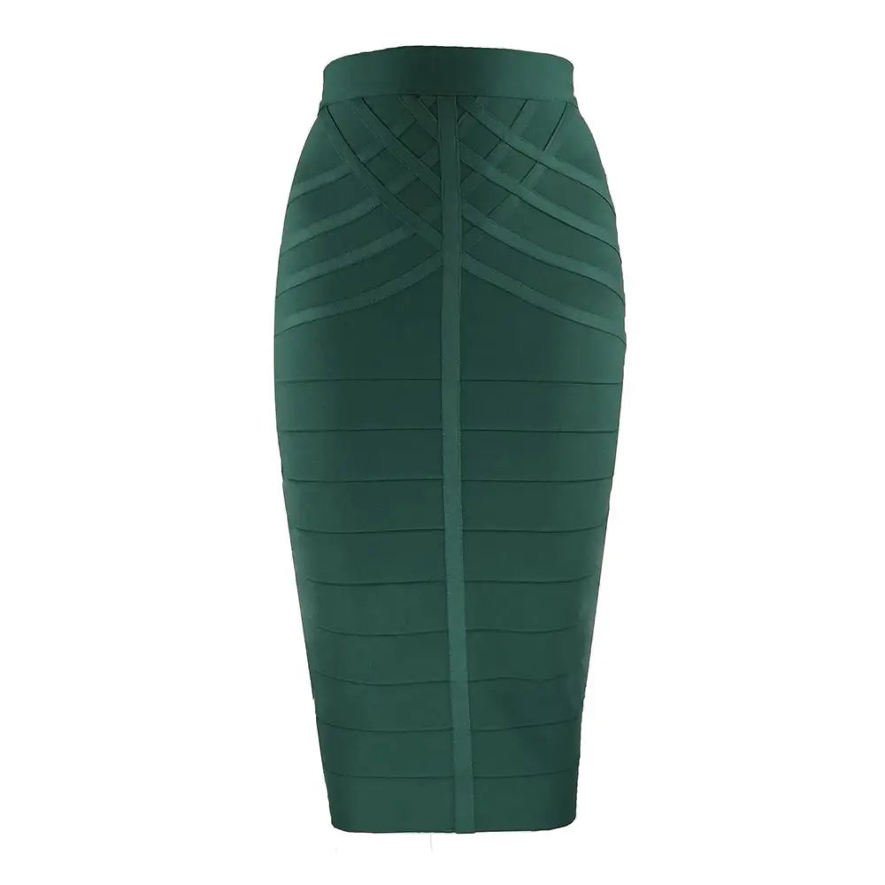 Une jupe midi bandeau pour femme vert émeraude au style épuré, avec un design côtelé structuré et une silhouette crayon taille haute.