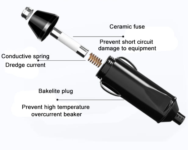Allume-cigare de voiture noir avec fusible céramique, ressort conducteur et fiche en bakélite, présenté sur la face arrière d’une prise type gobelet d’onduleur de voiture 12 V / 24 V vers 220 V.