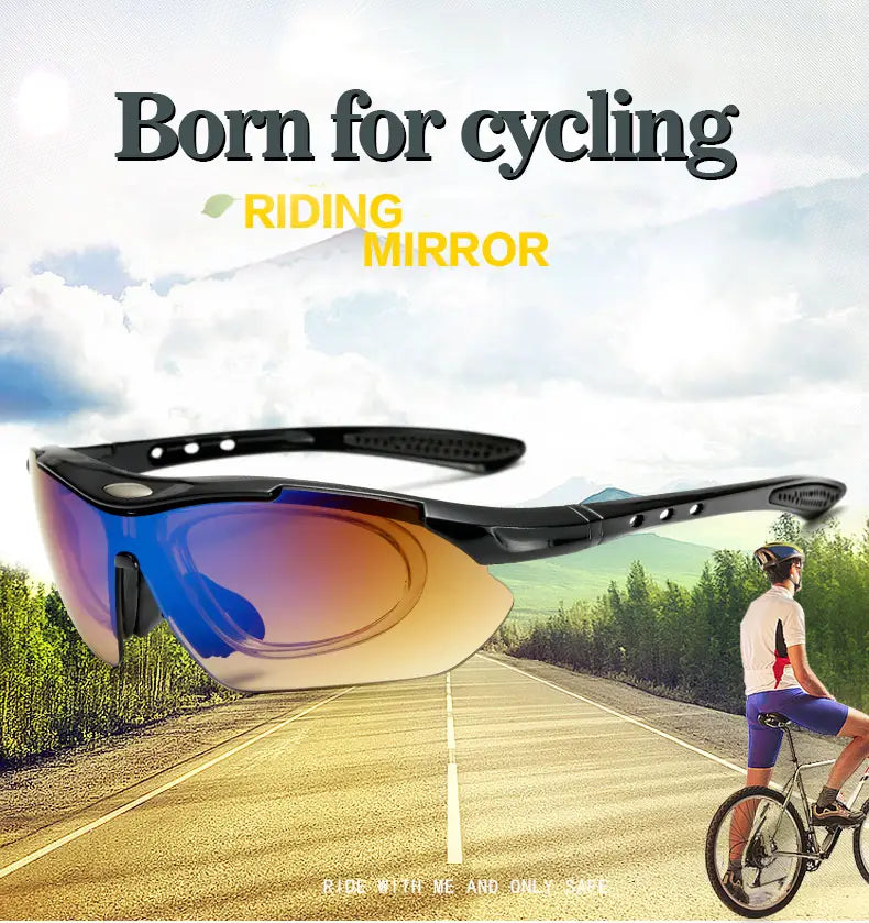 Lunettes de cyclisme à verres interchangeables conçues pour l’utilisation en équipement sportif, avec une monture noire et des verres miroirs dégradés bleu et orange.