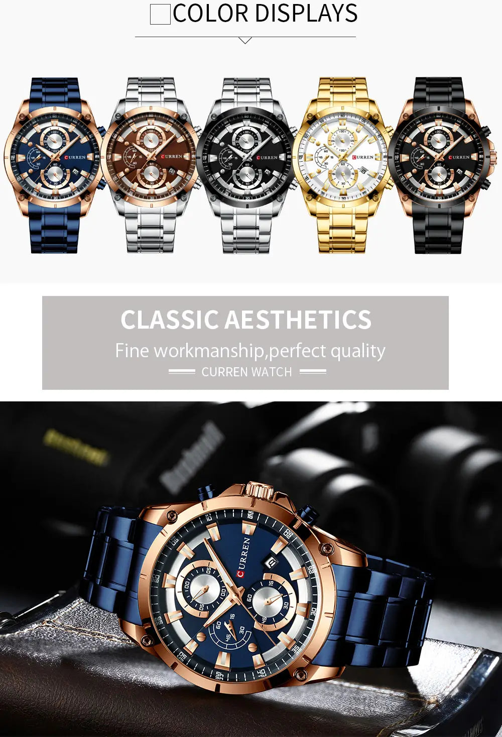 Chronographenuhr von Curren mit blauem Zifferblatt, roségoldfarbenem Edelstahlgehäuse und Lünette sowie einer dunkelblauen Edelstahlgliederarmband.