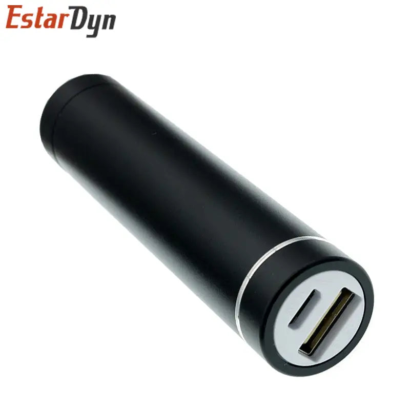 Black cylindrical power bank diy kit with silver accent ring and usb port featuring 5v 1a output and 18650 battery case design.