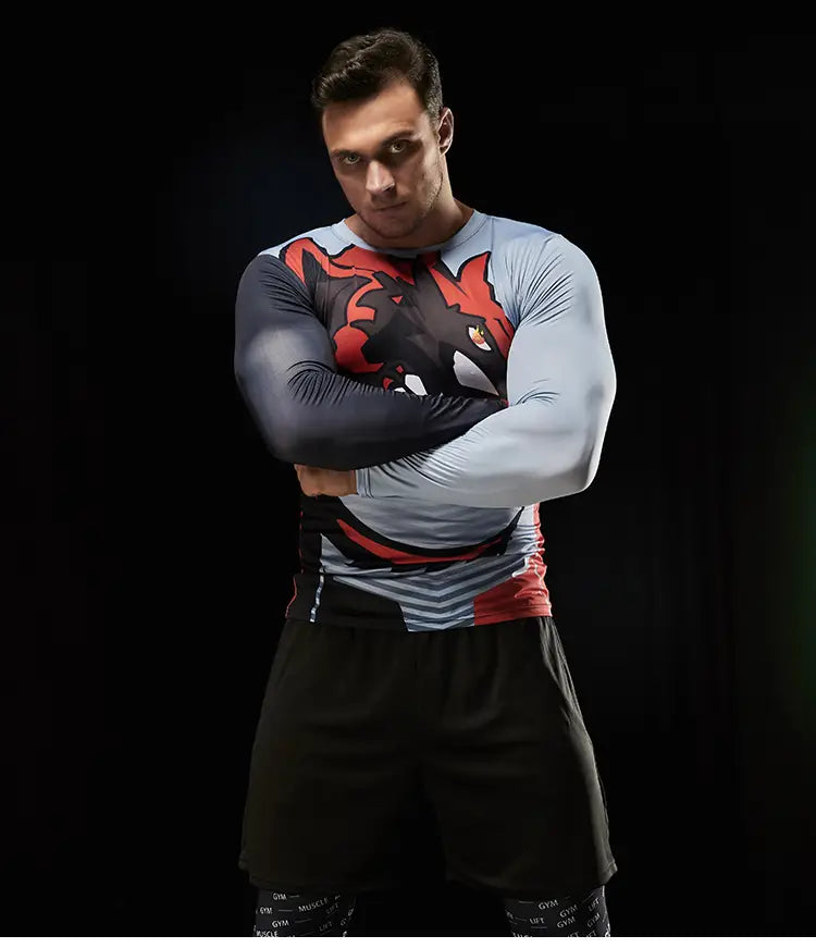A man wearing a gray red and black long-sleeved compression basketball shirt made of moisture-wicking material featuring an anime-style dragon print across the chest.