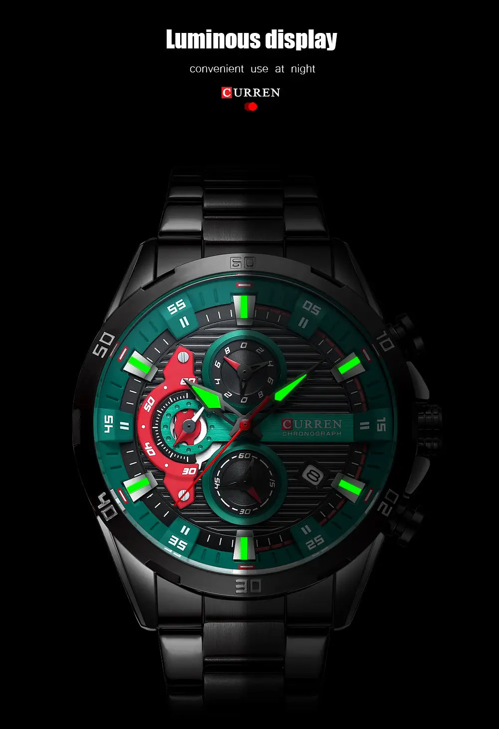 Curren men black green chronograph stainless steel watch with a vibrant green and red dial luminous hands and markers on a metallic link bracelet.