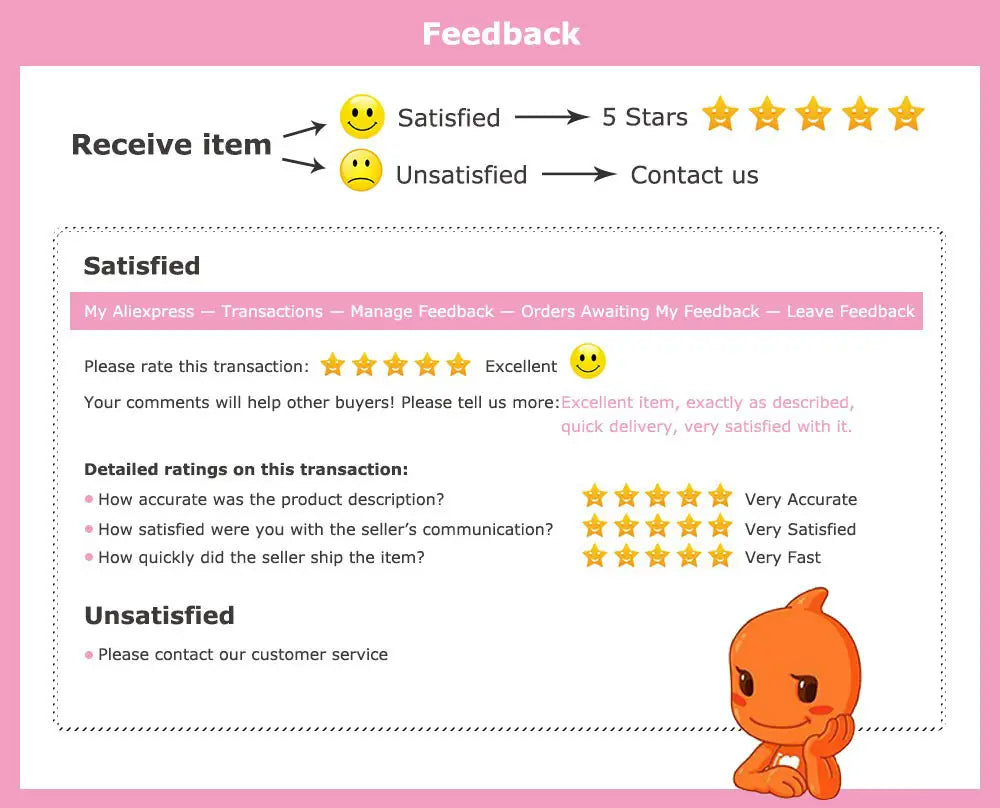pink-themed online feedback page for aliexpress showing star ratings and a cartoon orange mascot for a crystal leaf bridal headband wedding hair accessory.