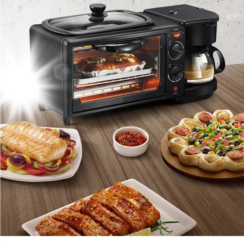 Black 3 in 1 breakfast station coffee maker and toaster oven with glass lid, digital controls, and built-in drip coffee pot.