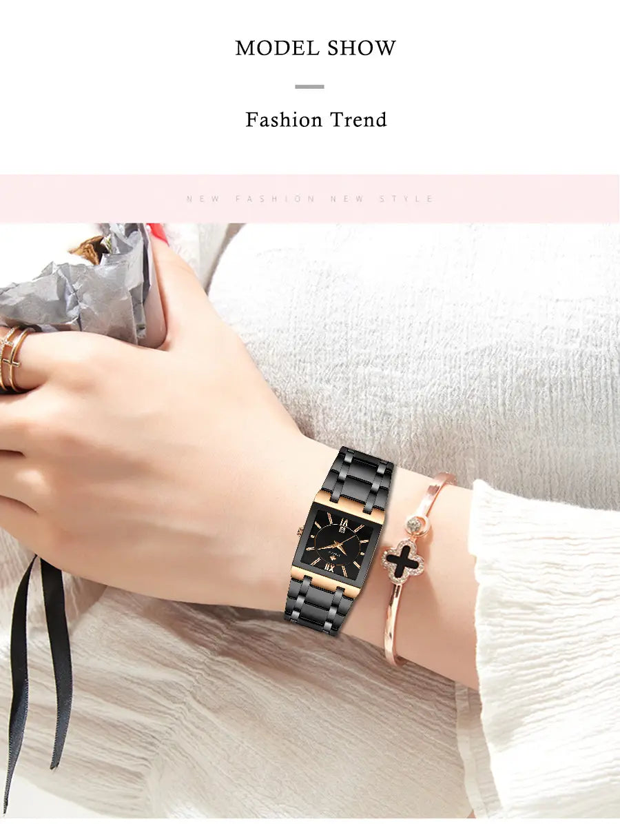 Black and rose gold rectangular wwoor blue square women watch with luxury stainless steel and sleek modern design.