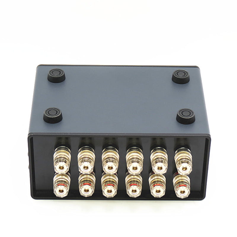 Black rectangular hifi audio switcher 2 way speaker selector box with eight gold-plated binding posts arranged in two rows on the back side.
