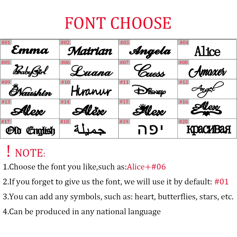 Selección de estilos de tipografía personalizables para diseños de texto personalizados en un llavero de nombre personalizado de acero inoxidable, con opciones de caligrafía negra elegantes y juguetonas sobre fondo blanco.