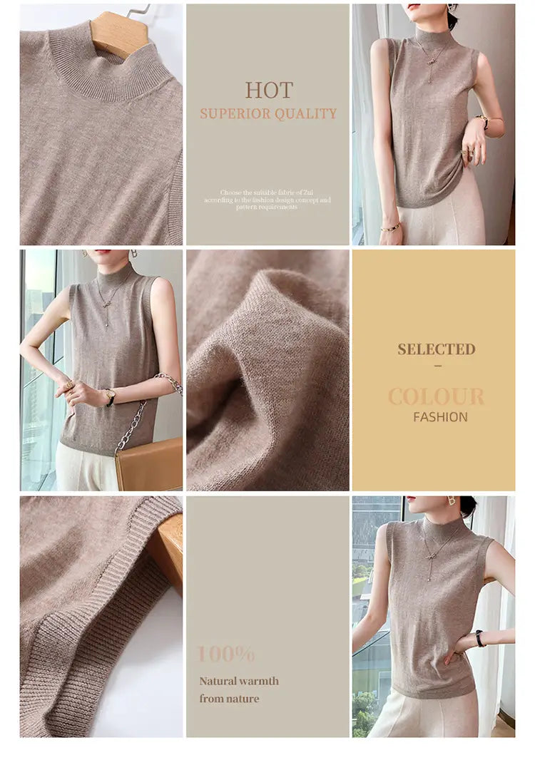 A soft beige wool turtleneck sleeveless sweater vest with a high neckline and subtle texture.