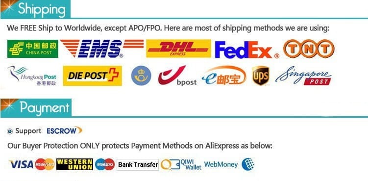 L’image montre des logos d’expédition et de paiement, notamment FedEx, DHL, UPS, China Post et Hong Kong Post, pour la montre à quartz à maille noire ultrafine pour hommes.