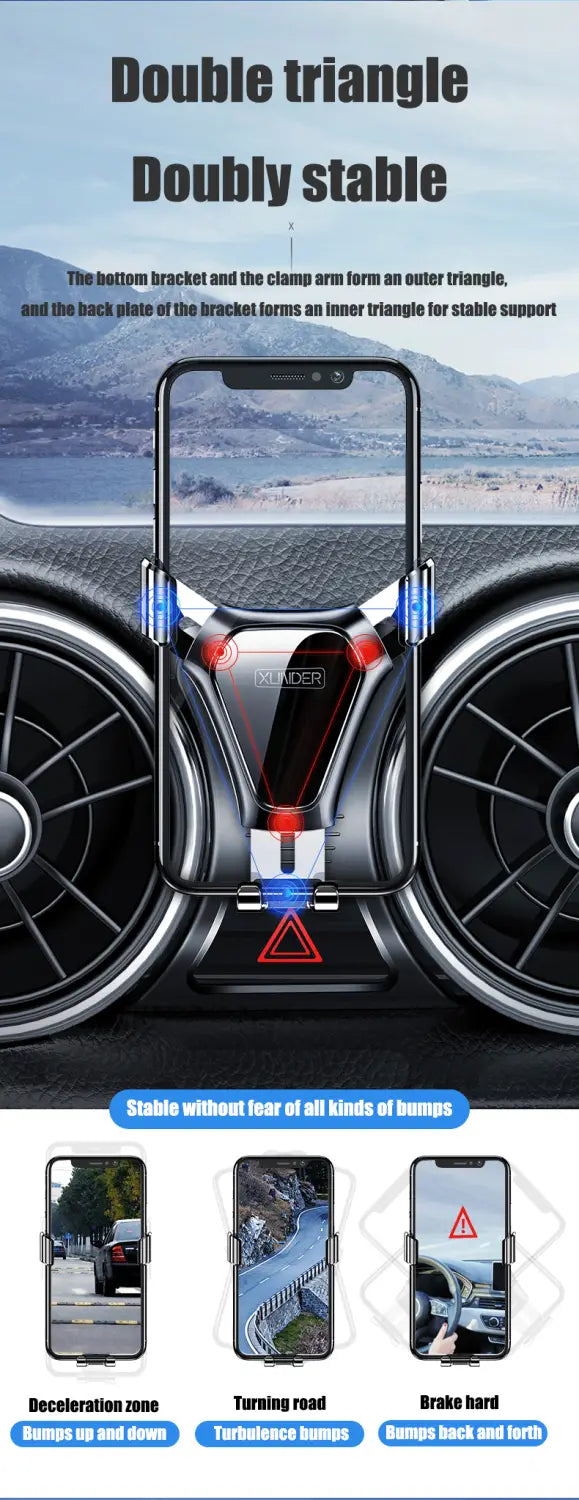 Support de téléphone de voiture sans fil Mg Rx5 noir et rouge à double triangle, au design élégant et robuste pour une fixation sûre du smartphone dans la voiture.