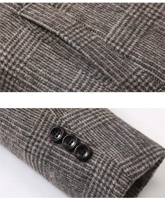 Men’s slim fit winter wool plaid overcoat in classic gray herringbone with three dark brown buttons.
