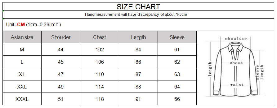 Size chart for men’s wool plaid overcoat slim fit winter jacket in asian sizing showing shoulder chest length and sleeve measurements from medium to xxxl.