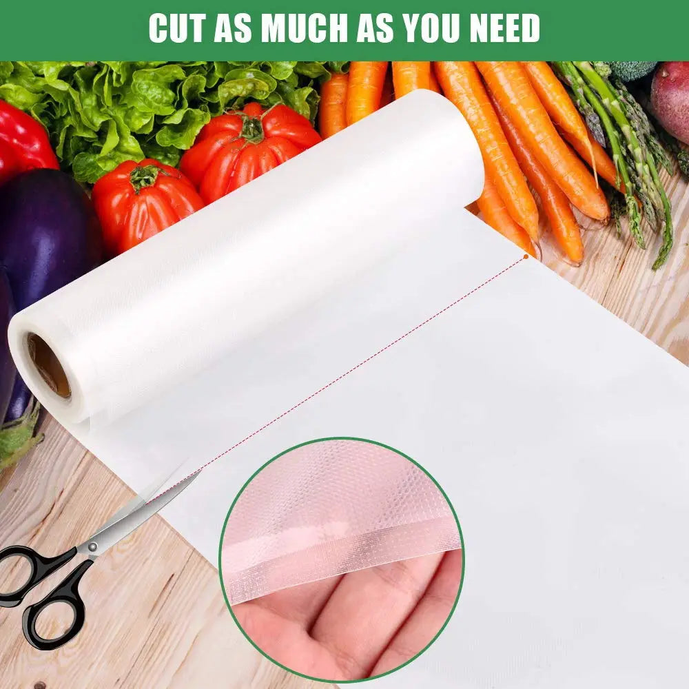 A roll of clear transparent textured plastic vacuum sealer food storage wrap with a perforated edge for easy cutting.