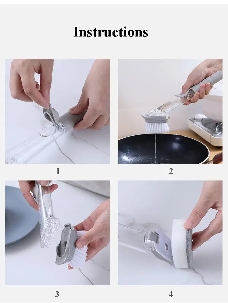 brosse pour distribution de savon pour vaisselle grise et blanche, avec long manche flexible et tête en éponge remplaçable pour un nettoyage efficace