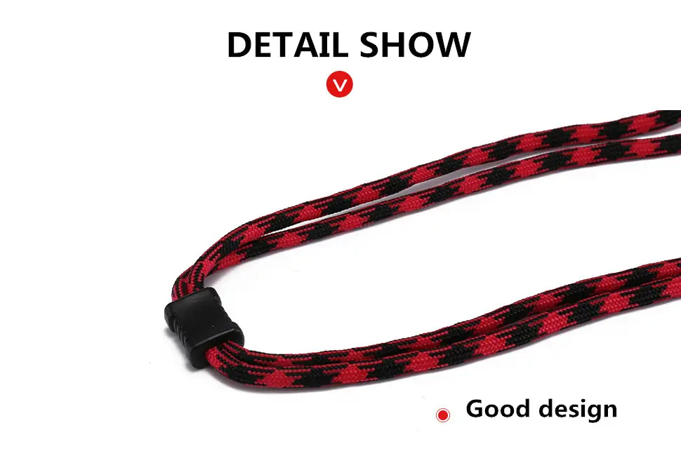 Red and black checkered braided eyewear strap with black plastic clasp non-slip sports cord for secure fit.